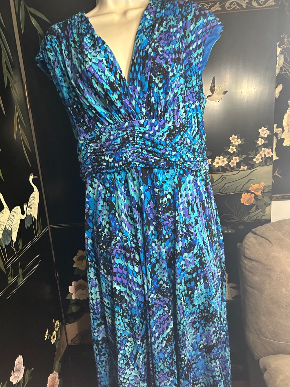 Blue & Teal V-Neck Maxi Dress with Ruched Waist